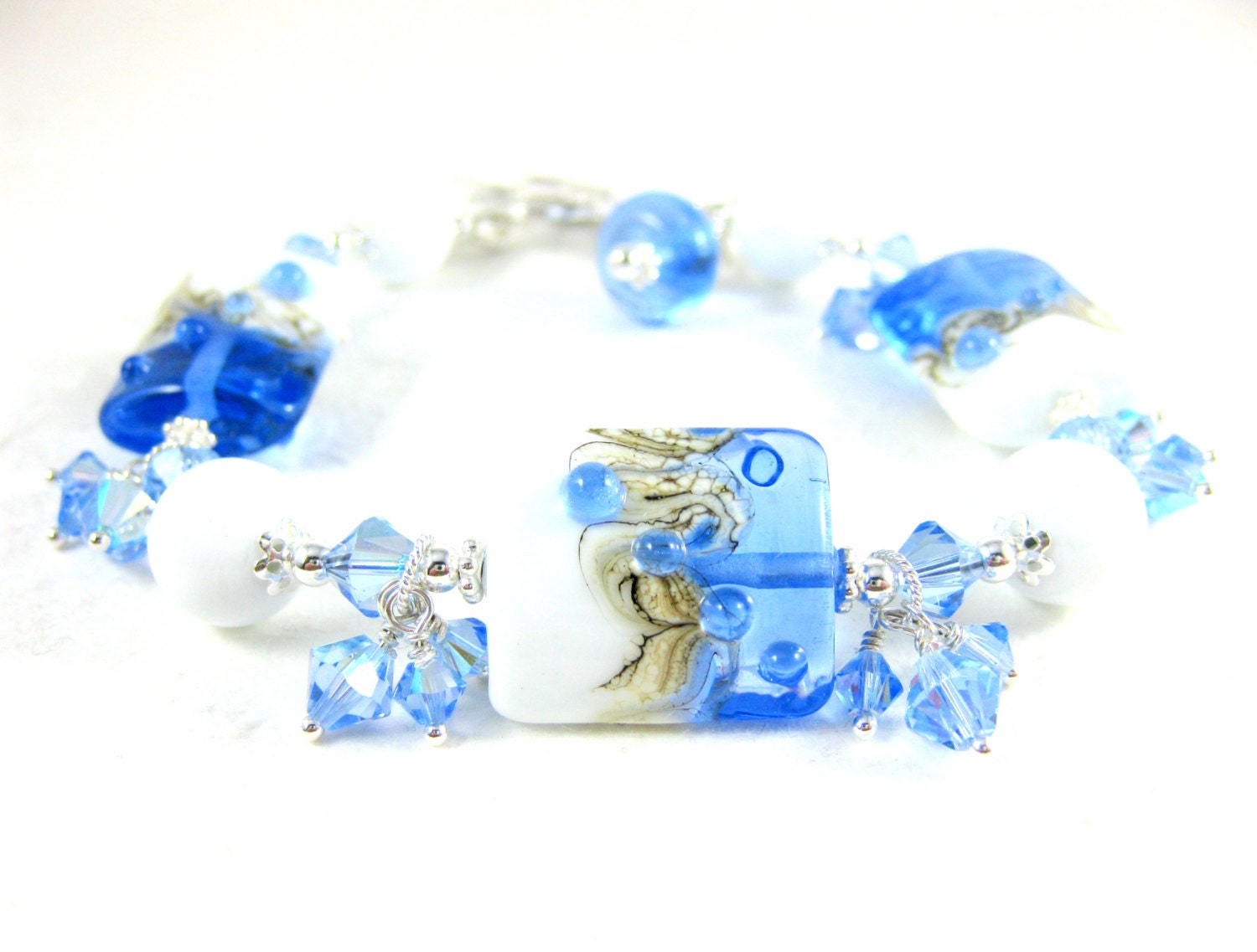 Blue White Lampwork Bracelet, Light Blue White Glass Bead Bracelet, Pastel Beadwork Bracelet, Spring Bracelet, Crystal Bracelet - Refreshing
