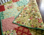 baby girl quilt in bright hello luscious florals // modern baby quilt in green blue and grey