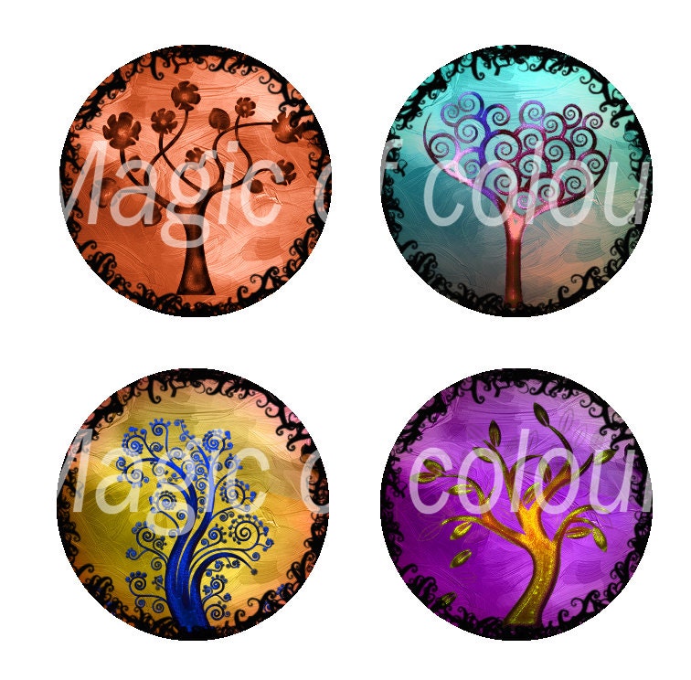 Stylized Curl Colourful Trees Mini  - 252  12mm Circles JPG images - Digital  Collage Sheet