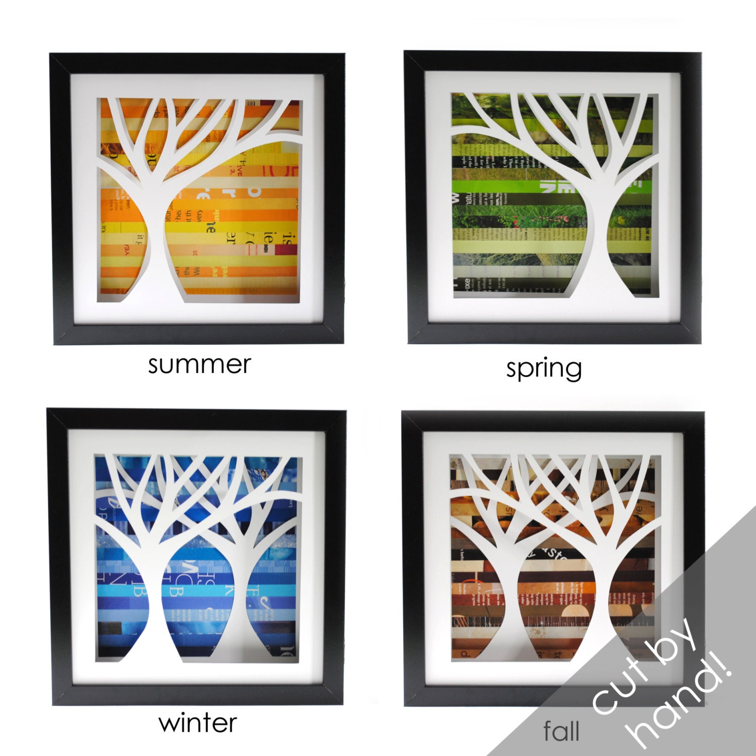 four seasons trees- four different shadowbox made from recycled magazines, handcut, colorful, winter, spring, summer, fall
