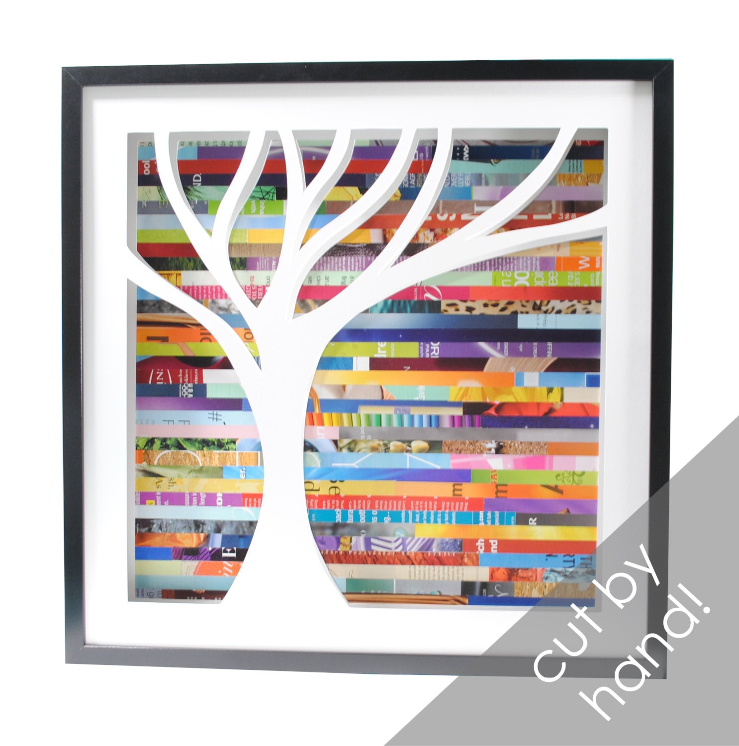 tree shadowbox, on the left- made from recycled magazines, nature, wall art, unique