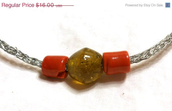 50% off Sale - Viking Knit Necklace With Red and Brown Beads