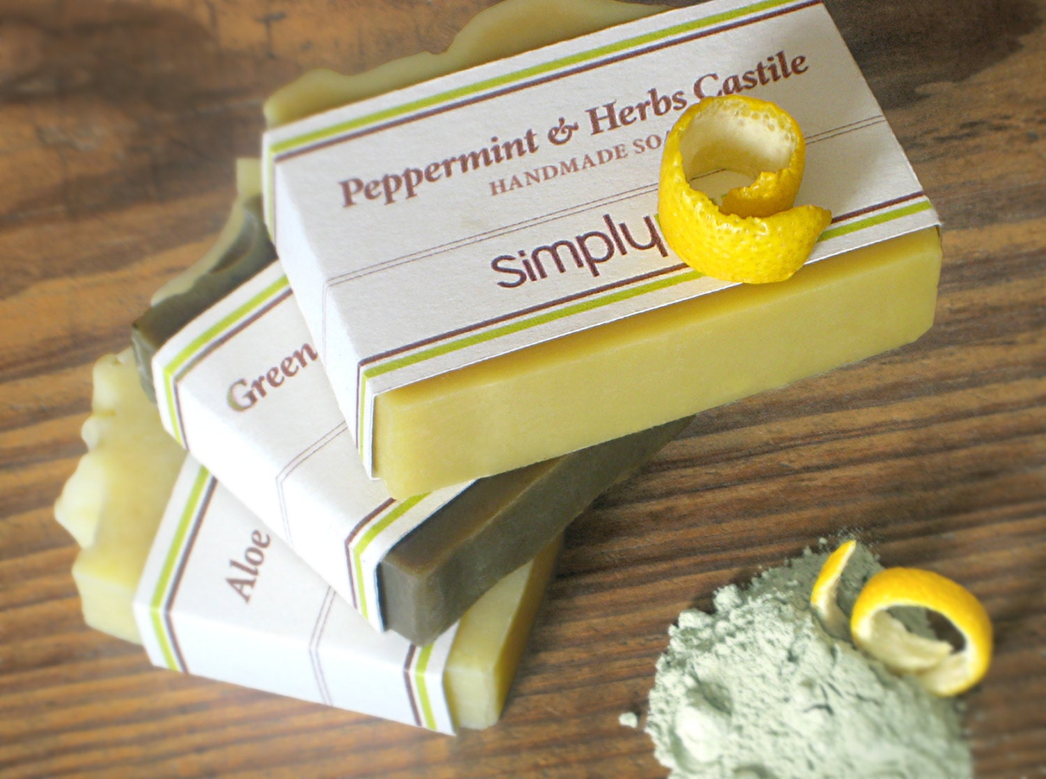 20% OFF - 3 CASTILES SET  - Green Tea-Green Clay, Peppermint Herbal, Aloe-Neem Handmade Cold Process Natural Soaps