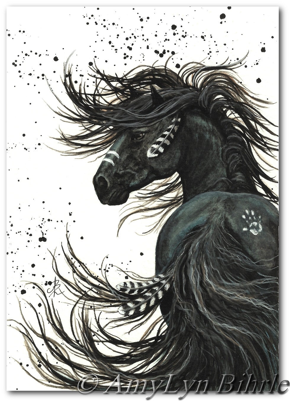 Majestic Mustang Black Stallion Native American Friesian Horse ArT 65-  11x14 Print by AmyLyn Bihrle