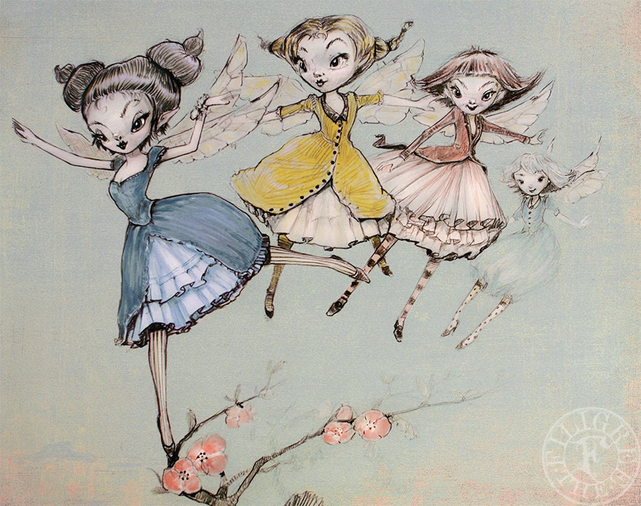 Fairy Art PRINT -  8x10 giclée Fantasy Art Print - Green - pink - blue - yellow - Fairy Tale Art by the Filigree