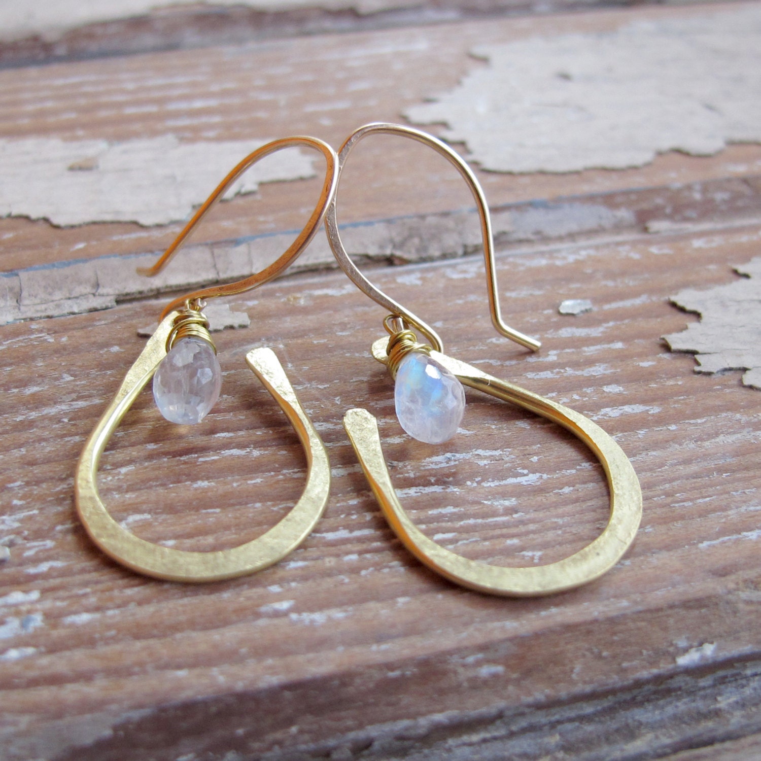 Seed Petal - Brass Stone Earrings - Moonstone Earrings - Artisan Tangleweeds Jewelry