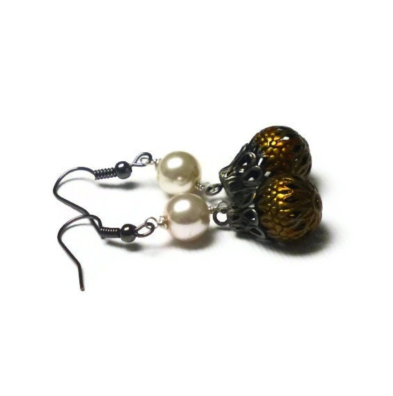 Enameled Filligree Earrings. Glass Pearl Jewelry. Dangling Pearl Earrings. Russet Earrings. Surgical Steel Earrings.