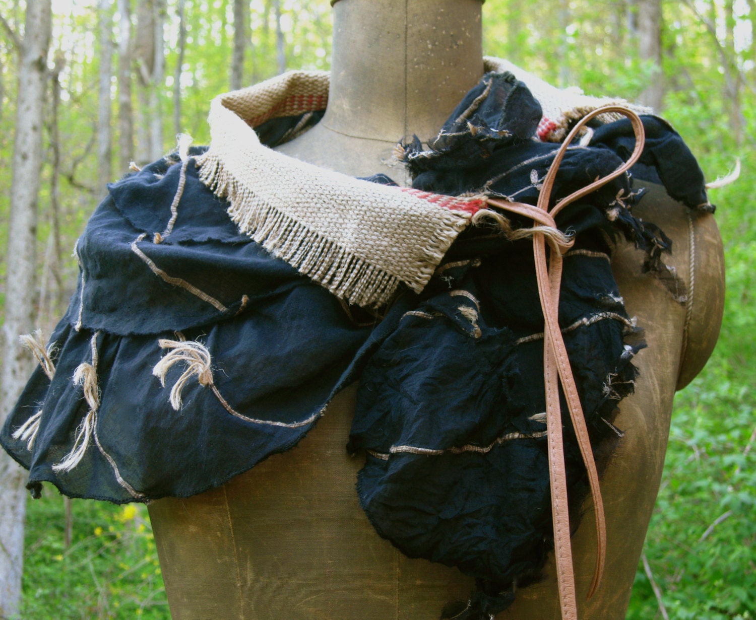 Tattered black  CAPELET/ SCARF/ Wrap with faux leather ties