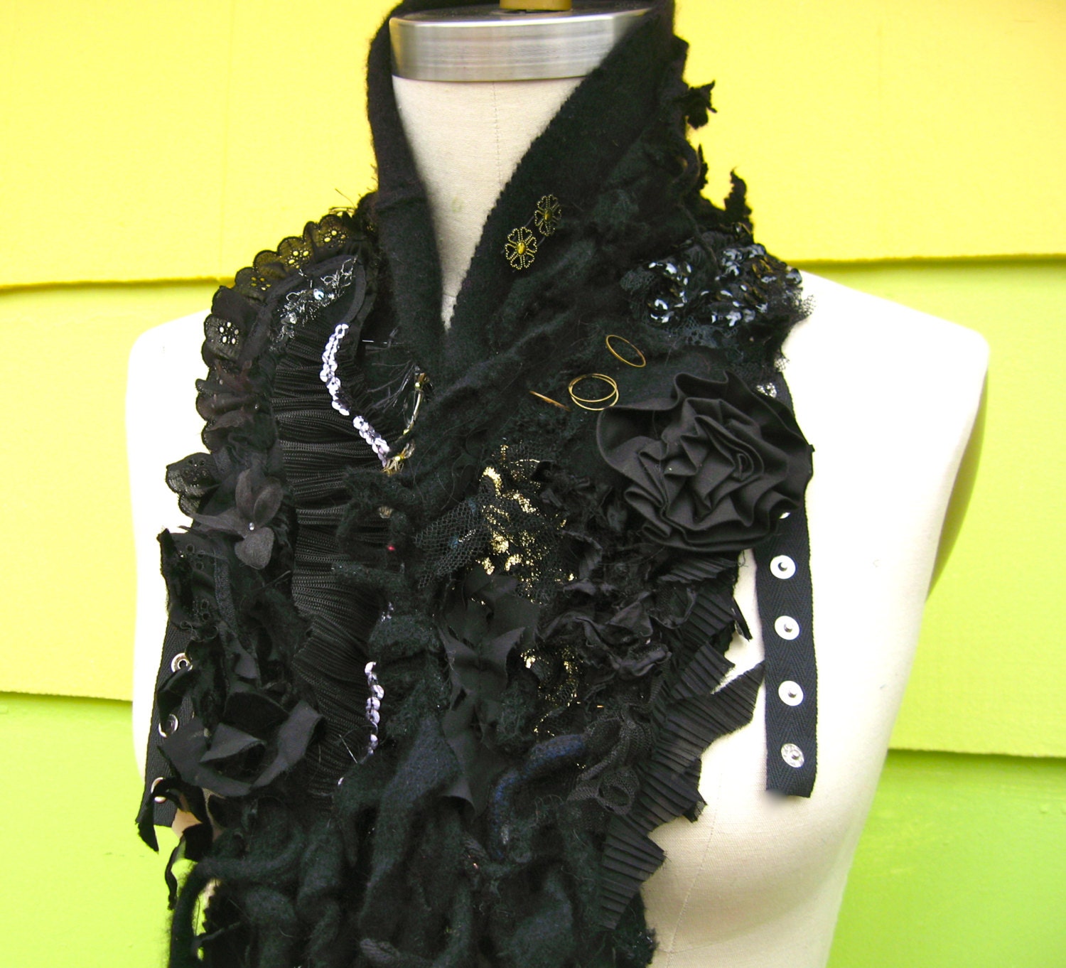 Rugged distressed cashmere  SCARF/ SHAWL/Wrap with a lot  of textures. Goth Lolita.