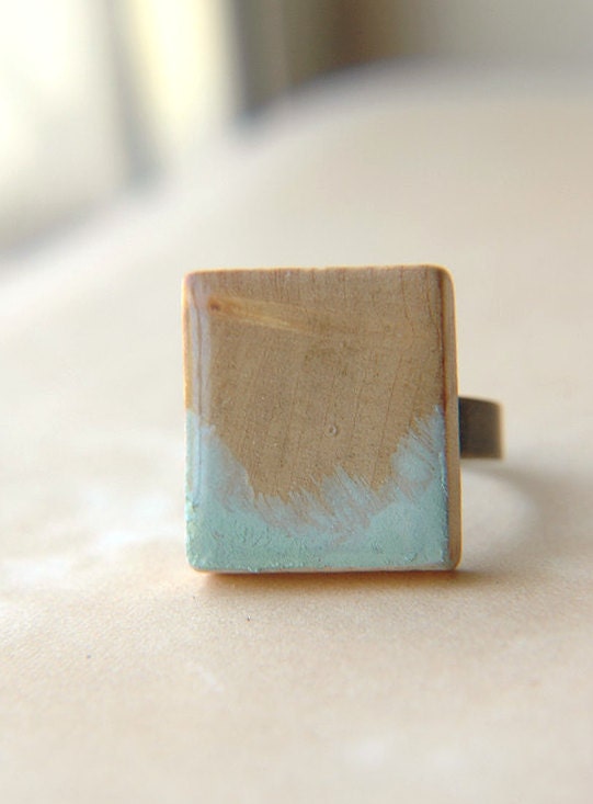 Natural Wood and Turquoise Painted Scrabble Tile Ring - Sea Foam.