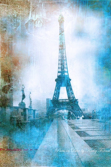 Paris Photography, Eiffel Tower Blue Textured Abstract Photo, Paris Art Decor, Digital Painted Blue Textures, Paris Photograph 8" x 12"