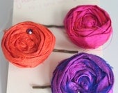 Fuchsia, Orange and Purple Bobby PIn Fabric Flower Rosettes Trio Custom Colors by Fashionably L8