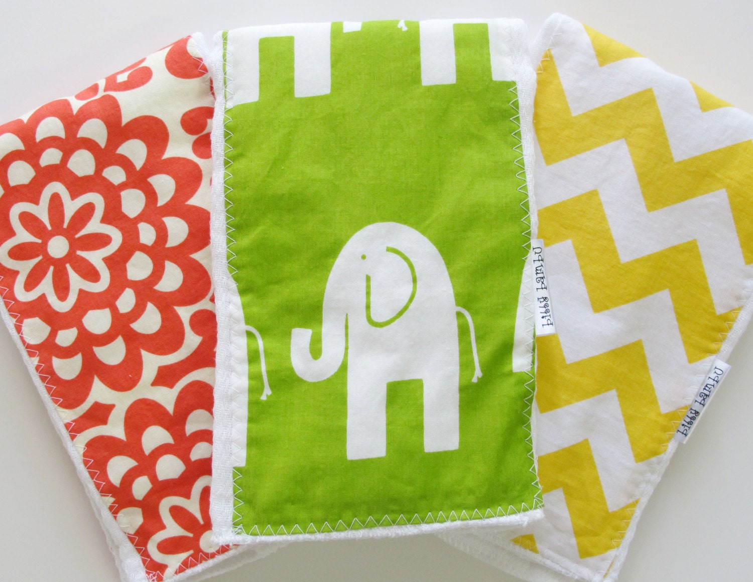 Hello, Baby - Burp Cloth Gift Set - With Yellow Chevron Stripes, Red Motif, and Lime Green Elephant Fabric, Colorful and Modern