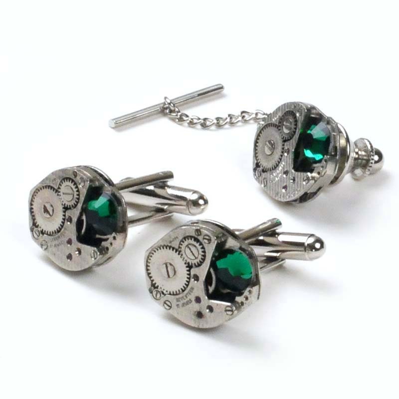 Vintage Watch n Emerald Crystal Movement Steampunk Cuff Links and Tie Tack Set