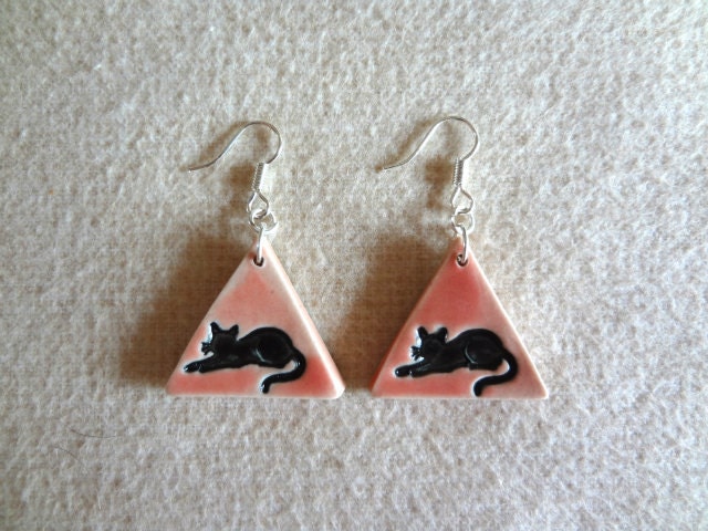 Adorable Handmade Pink Porcelain Sitting BLACK CAT Earrings