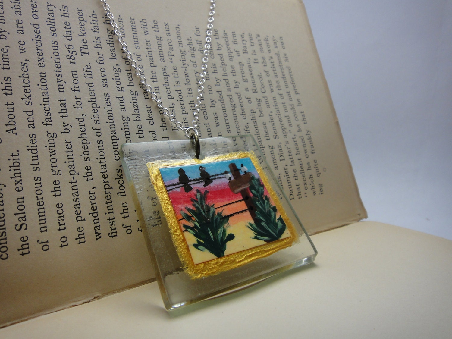 Birds sunset - glass tile necklace - tiny painting - hand painted - wearable art - nature unique