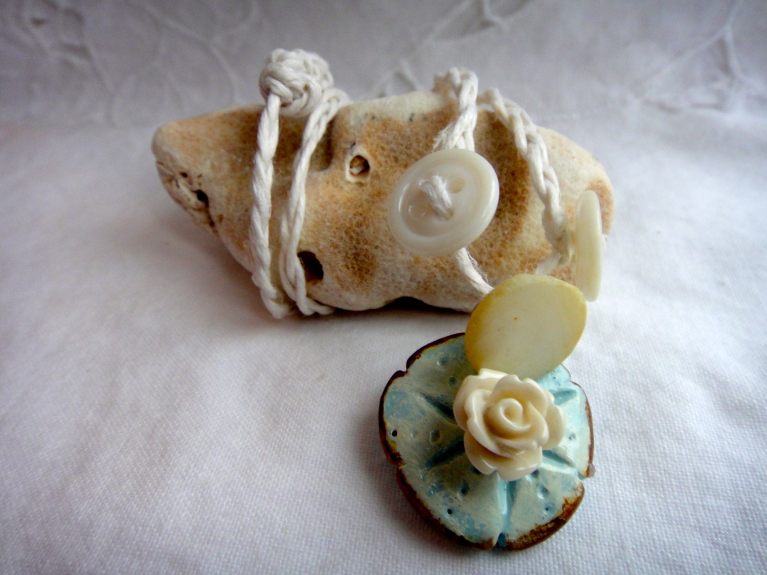 Sand Dollar necklace - polymer clay - white flower - vintage buttons - beach - gift - unique - hand sculpted