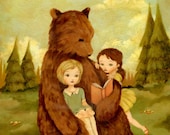 The Storybook Bear - Print, Nursery Art, Children's Art, Book Love, Forest, Cute, Girl, Kids Decor, Peppermint, Buttercup Yellow, Peach Pink