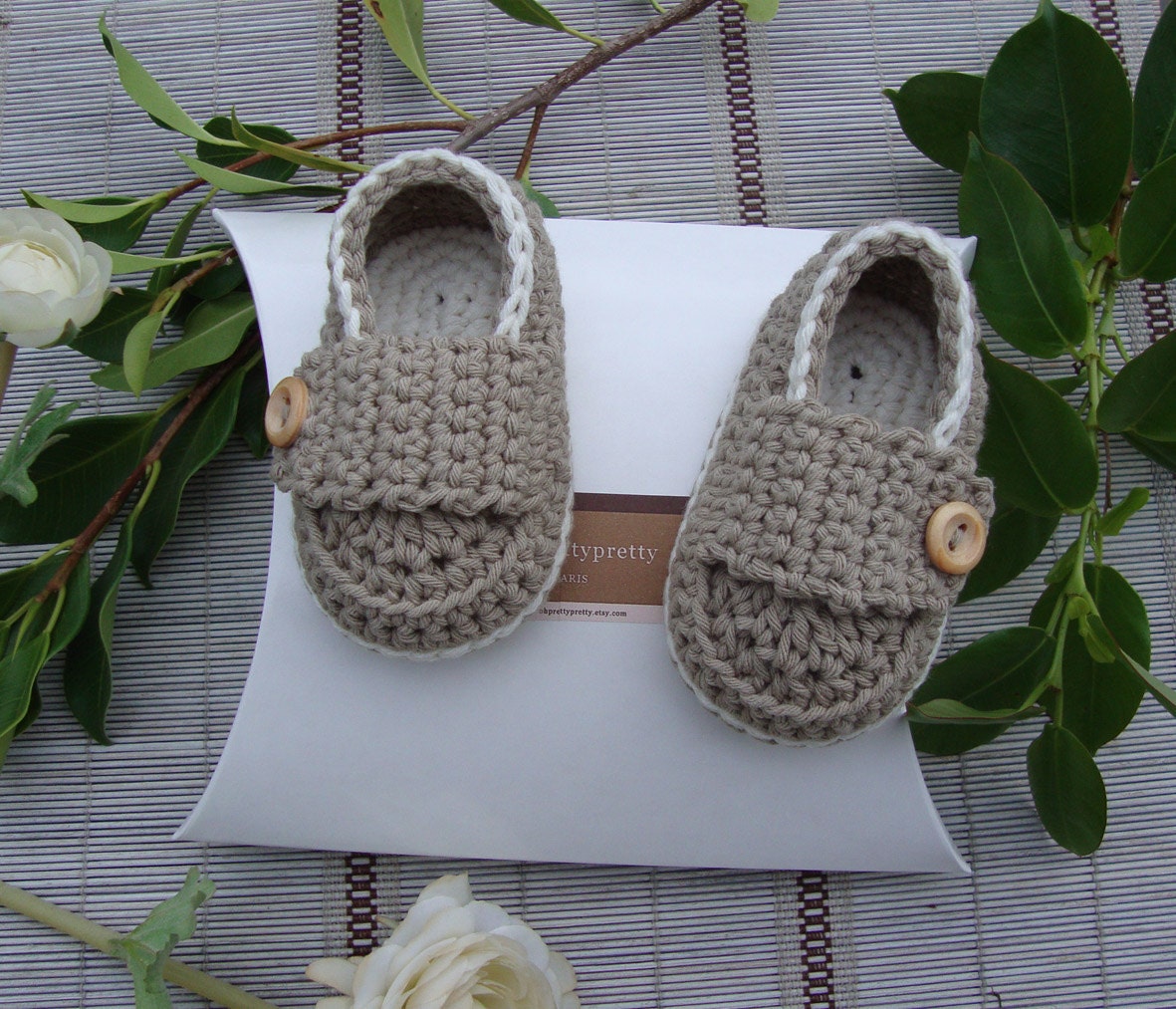 Crochet baby booties little loafers taupe and cream- 3/6 months ready to ship with gift box