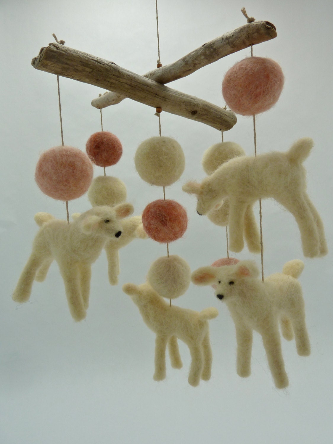 Crib Mobile, A-Symetrical Lamb Mobile, Pinks and Cream, 5 Wooly Lambs, Driftwood