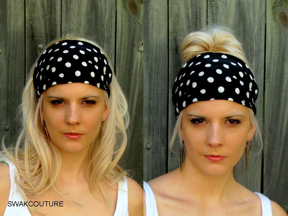 Wide Stretchy Headband, Black & White Polka Dot Wide Headband, Stretchy Wide Yoga HeadBand Head Wrap Workout HeadBand