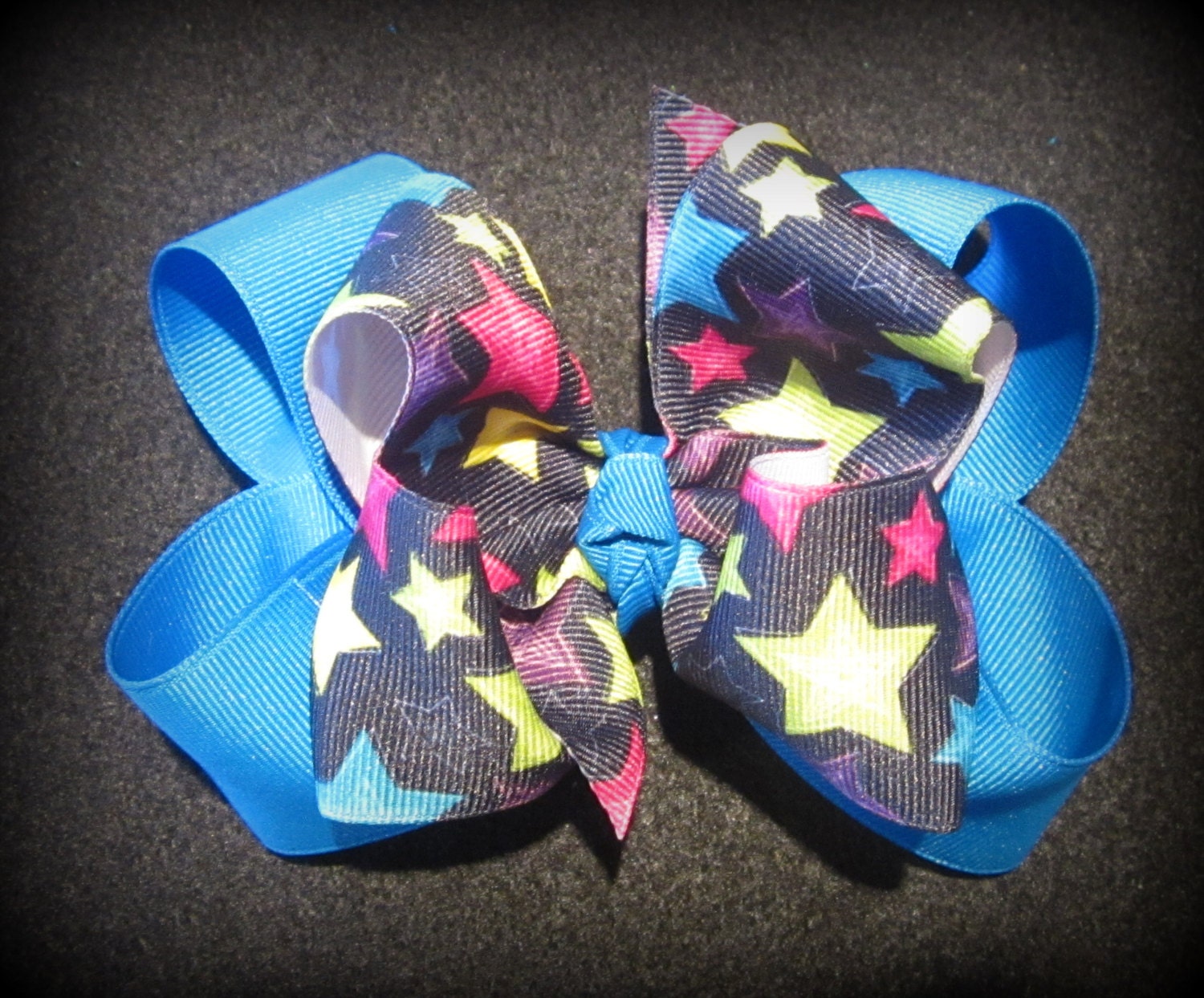 Blue Stars Fabulous Double Layered Boutique Lush Hair Bow Pink Yellow with Spikey Edges for Baby Toddler or Little Girl