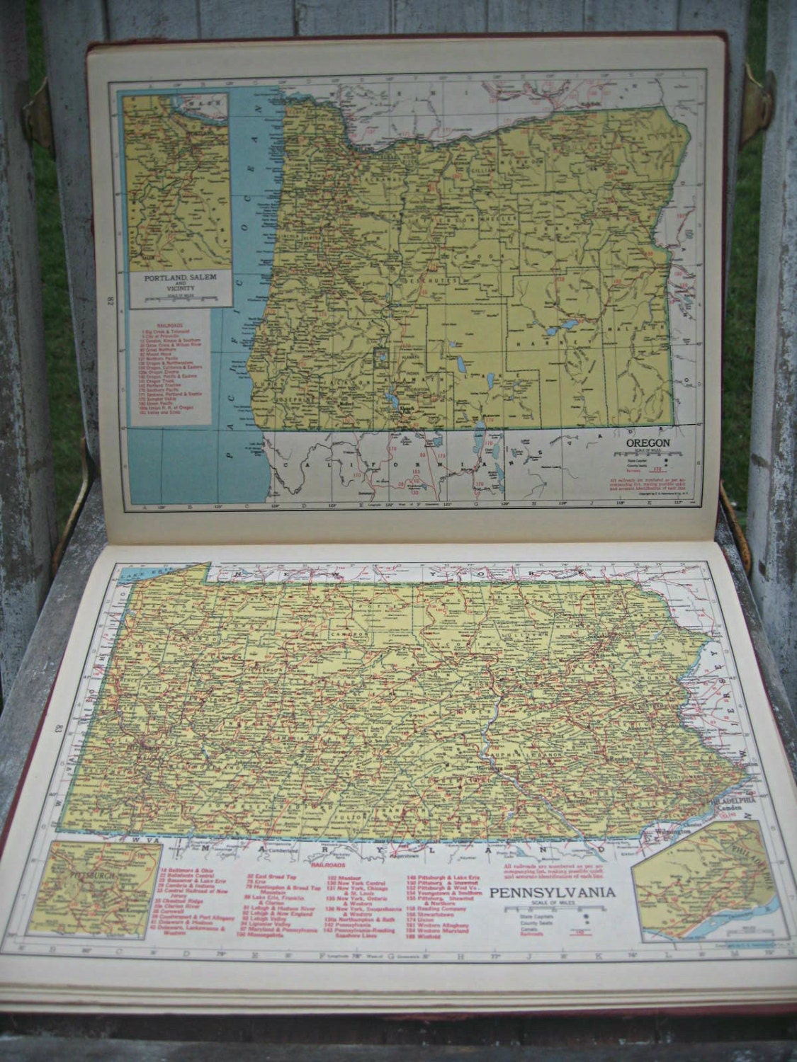 Vintage Hammond's Atlas, reference atlas from 1949, beautiful maps for framing, red leather covers