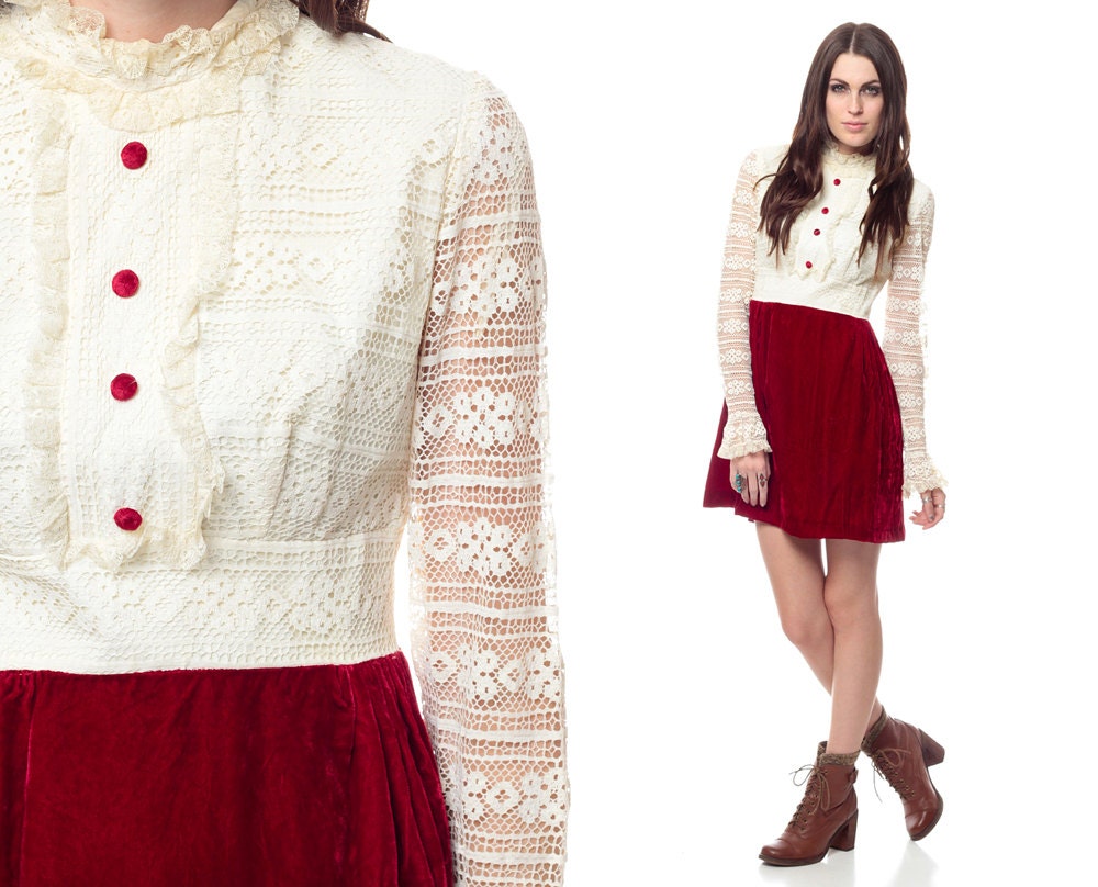 VELVET Lace Dress 60s Mini Dolly White CROCHET 1960s Mod Tuxedo Babydoll Red Ruffle Sheer Sleeve Empire Waist Party Cocktail Small Medium