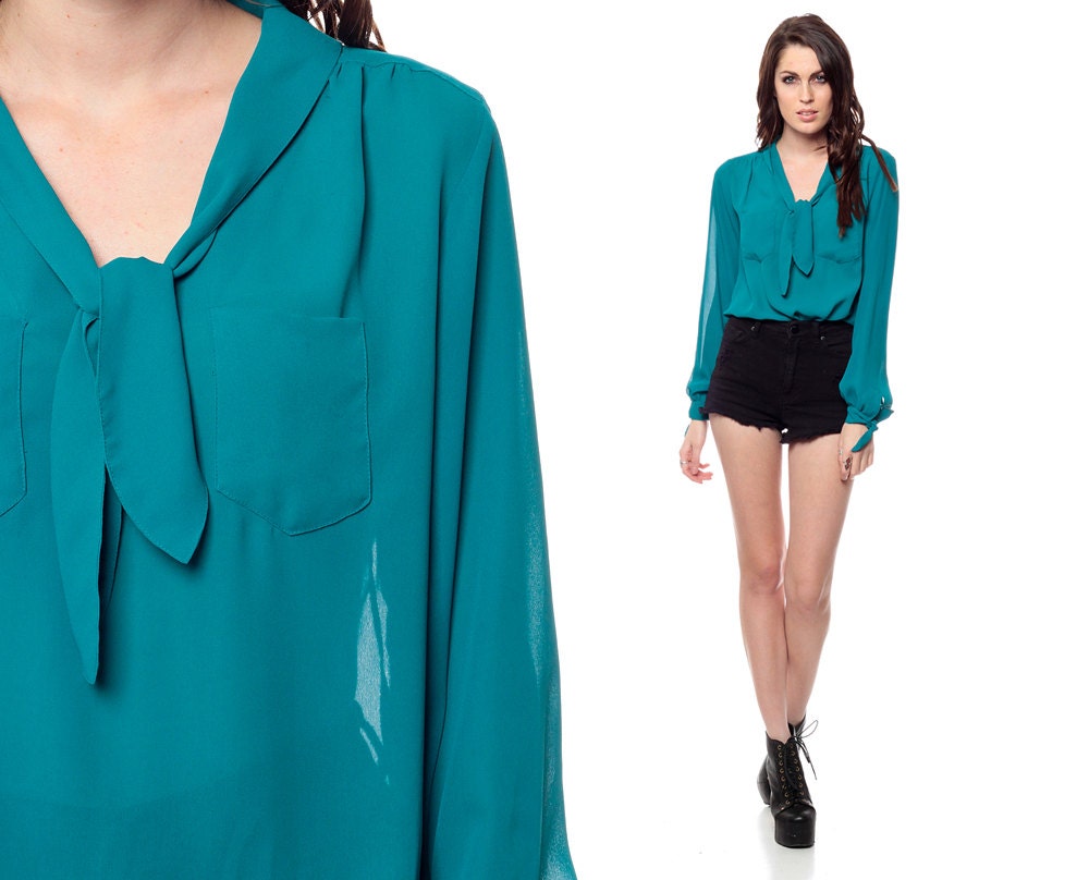 Ascot Blouse 80s Teal Long Sleeve Semi Sheer Top 1980s Neck Tie Secretary Vintage Chest Pocket Green Drape Shirt Small Medium