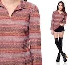 Hippie Shirt 70s Striped Collared Long Sleeve Top 1970s Mauve Pink Purple Stripe Tunic Blouse Boho Vintage Knit V Neck Small Medium