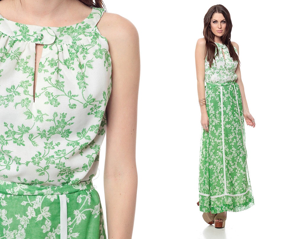 70s Maxi Dress Green FLORAL Hippie Belted 1970s White Cotton Long Garden Vintage Keyhole High Waisted Cutout Medium