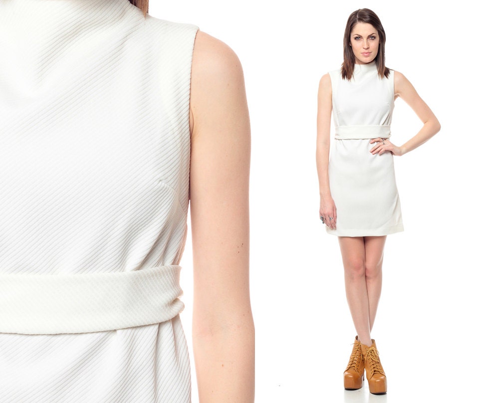 White Mini Dress 60s FUNNEL NECK Mod Belted Space Age 1960s Vintage Go Go Shift Retro Sleeveless MiniDress Small Medium