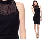 90s Bodycon Dress Black Mini MESH Sweetheart Illusion Neckline Sheer Bandage Party 1990s Vintage Body Con Low Back Extra Small XS S