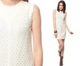 Mod Mini Dress Cream Crochet Pointelle Knit Shift Space Age 60s 70s Vintage 1960s Lace Simple Sixties Sleeveless MiniDress Small S