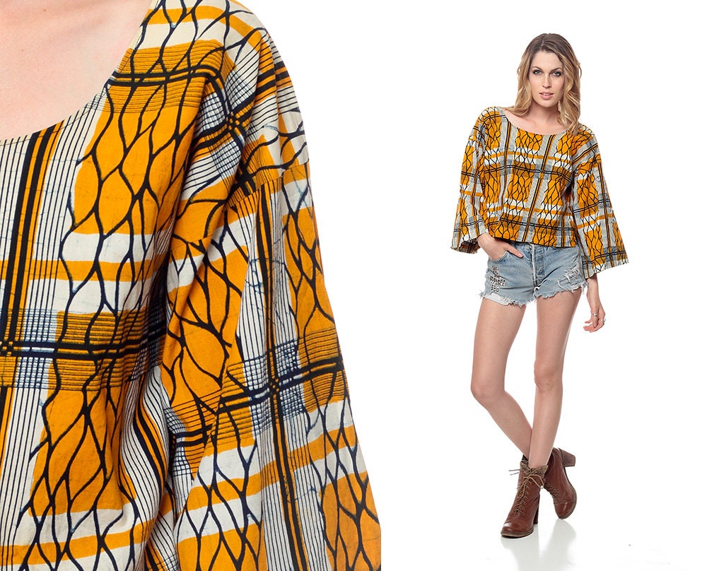 Ethnic Print Top 70s Yellow Bell Sleeve HIPPIE Blouse Boho 1970s Cotton Tunic Bohemian Chic Festival Scoop Neck Shirt Extra Small Medium