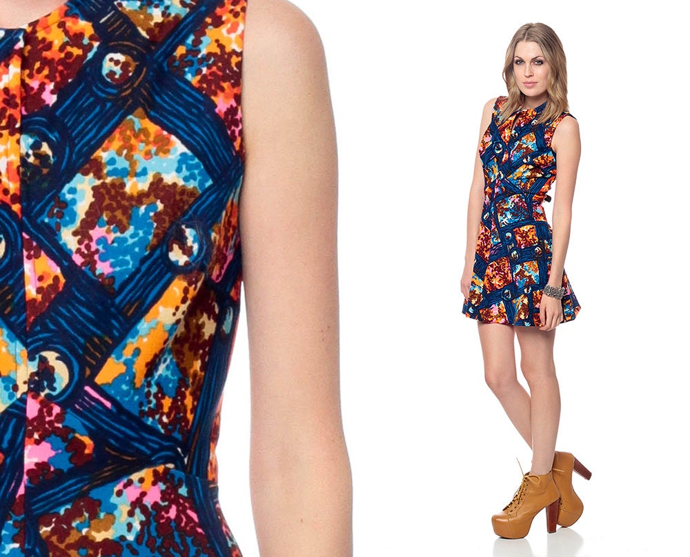 Geometric Print Dress 70s Mini Bright Hippie EMPIRE Waist 60s Mod Babydoll Boho Sleeveless Navy Blue Vintage Abstract 1970s Small Medium