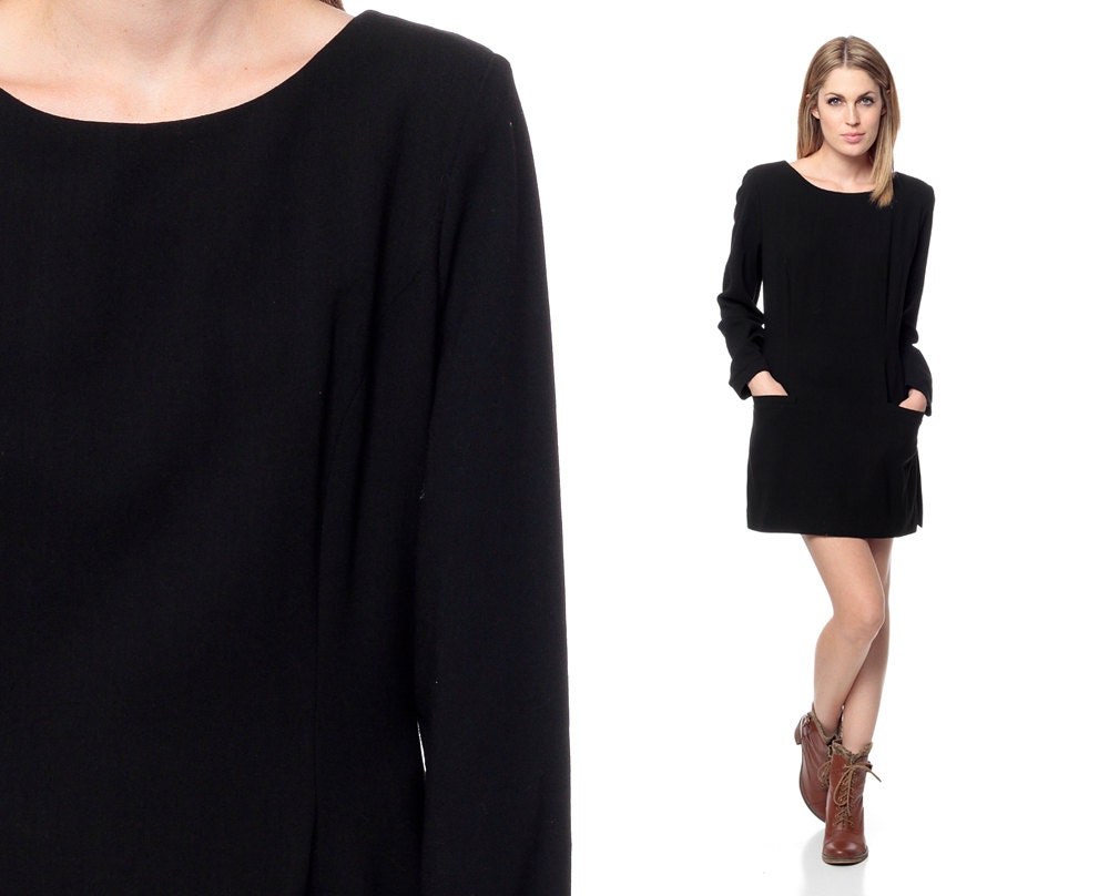 Black WOOl Dress 90s Mini POCKET 1990s Sheath Cocktail Vintage Long Sleeve Retro Evening LBD Simple Retro Fitted MiniDress Large