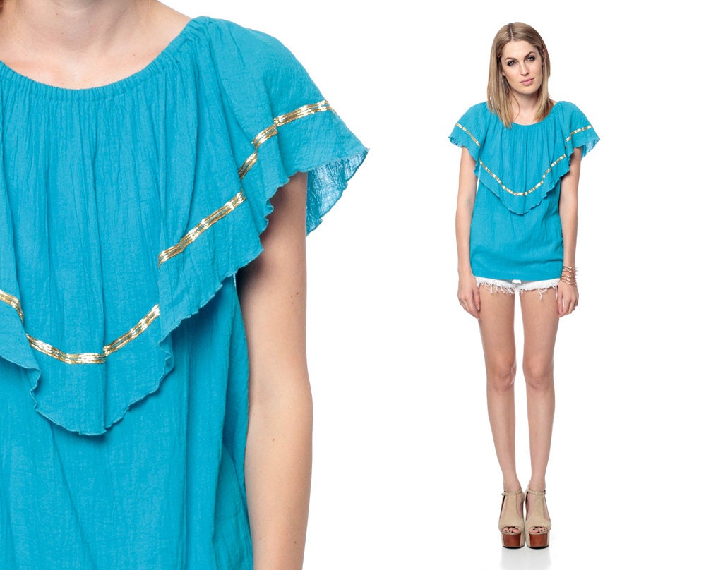 Cotton Gauze Top 70s GRECIAN Capelet Flutter Sleeve Blouse GOLD 1970s Hippie Boho Tunic Turquoise Bohemian Shirt Extra Small Medium Large XS