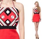 70s Hippie Dress EMBROIDERED Mini Aztec Red Black White HALTER Neck Boho Ethnic 1970s Bohemian Vintage High Waisted Summer Small