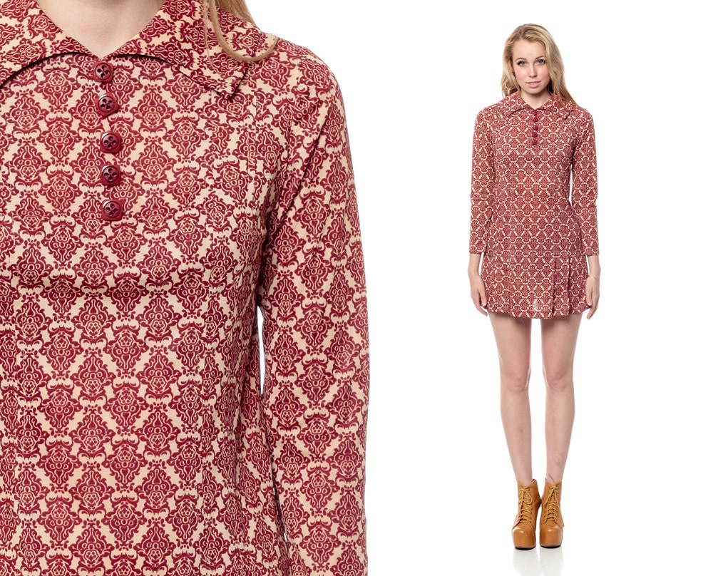 60s Mod Dress WALLPAPER Print Mini Red Damask PLEATED Geometric Shift 1960s Twiggy Vintage Peter Pan Collar Long Sleeve Hippie Small Medium