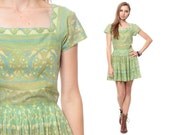 60s Day Dress Mini PLEATED Mod Green COTTON Full Skirt Geometric Print 1960s High Waisted Vintage 50s Mad Men Hipster Short Sleeve Small