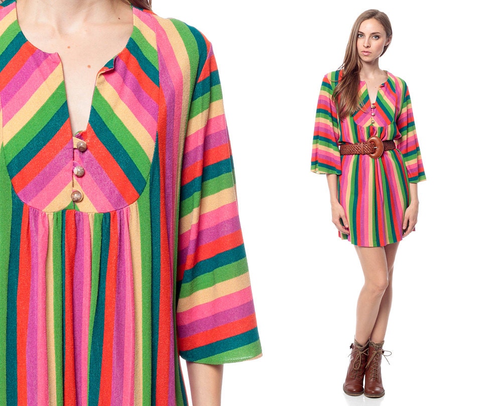 Rainbow Dress 70s Bell Sleeve STRIPED Mini TENT Tunic Terrycloth Hippie 1970s Festival Vintage Pink Green Bright Summer Boho Bib Medium