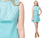 Mod Babydoll Dress 60s Mini Lace Baby Blue 1960s Empire Waist 70s Twiggy Vintage Sixties Sleeveless Retro Polyester Dress Large