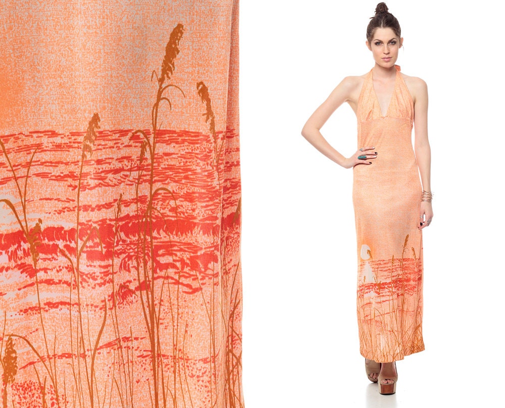 Bird Print Maxi Dress 1970s SEAGULL Halter Neck SUNSET Orange 1970s Backless Hippie Deep V Empire Long Vintage Dress Medium Large M L