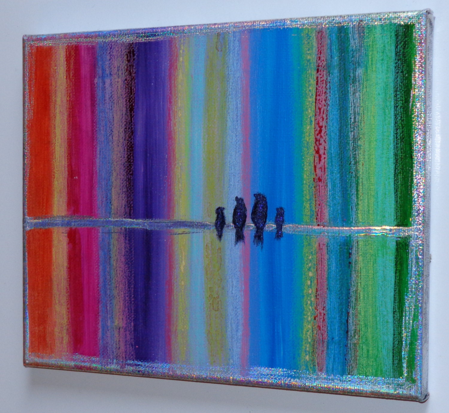 Abstract Original Multicolored Acrylic Painting on Canvas Beautiful Colors 10x8in Birds on a wire Heather Montgomery Art