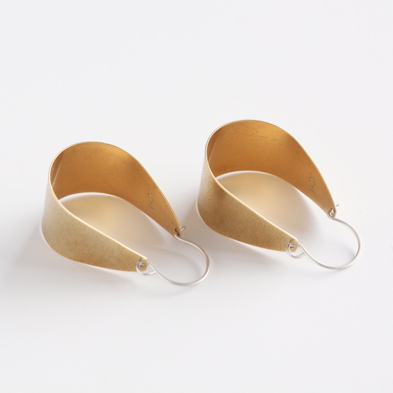 Lovely handmade brass earrings textured and oxidized for a modern look, built durable yet lightweight - "Brass Scoop Earrings"