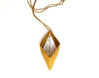 geometric brass rhombus with crystal point necklace