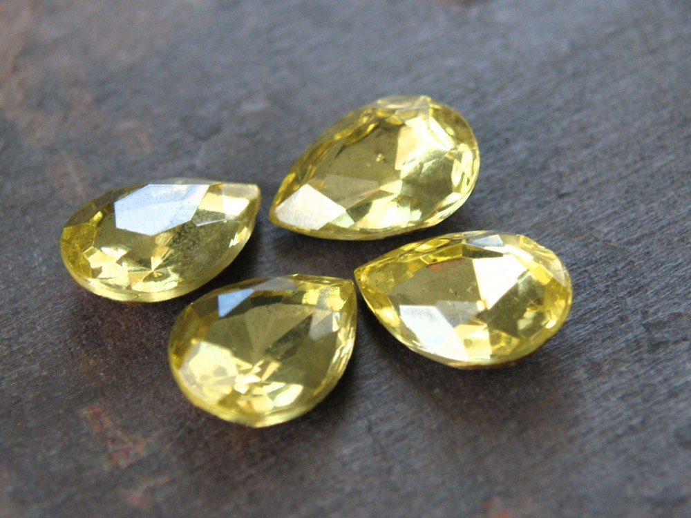 Golden Jonquil Yellow Glass Jewel drop pair  - Foil backed Vintage Style Romantic Jewelry supply