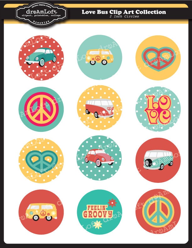 Love Bus 2 inch Round Printable Circles for stickers, cupcake toppers, cards, stationary, invitations, scrapbooking and all paper crafts