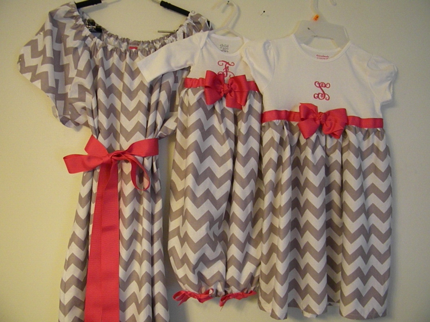 Boutique Mommie Infant Gown set and Sister dress set with matching hairbows great for coming home outfits and great for picutres
